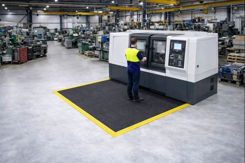 M-Lock heavy duty oil-resistant tiles at an industrial machining workstation