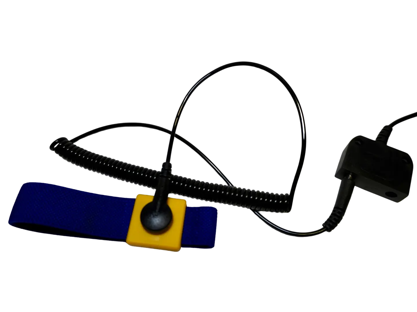 Anti-static wrist strap with coiled grounding cord connected to a grounding point
